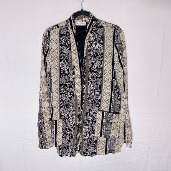 Vintage Jackets & Blazers - Vintage Tall Girl Cream Black Multi Print Lightweight Blazer L